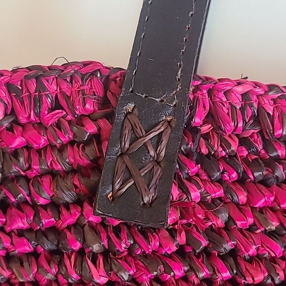 Pink and Black Woven Tote Bag Leather Handles Zip Closure - Picture 4 of 13